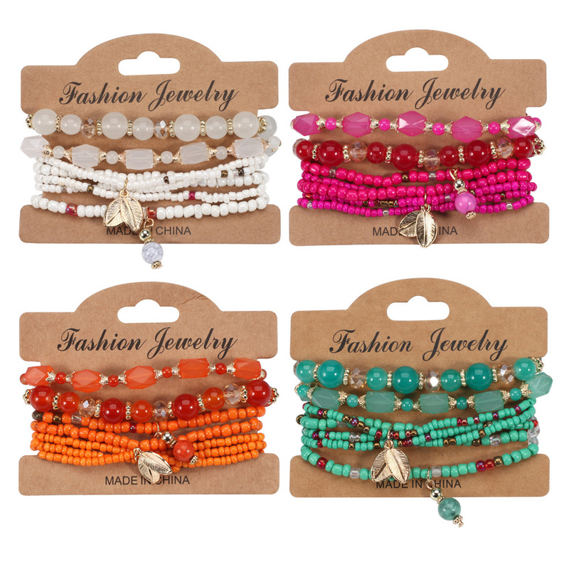 Bohemian Multi-Layered Beaded Fashion Versatile Leaf Pendant Rice Bead Elastic Bracelet Travel Vacation Photo Accessories