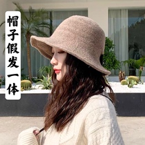 Wig womens long hair wool roll wig hat one net red autumn and winter bow fisherman hat curly hair full head cover