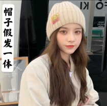 Hat wig integrated medium and long curly hair wool hat children tide knitted hat small Daisy autumn and winter Joker warm hat