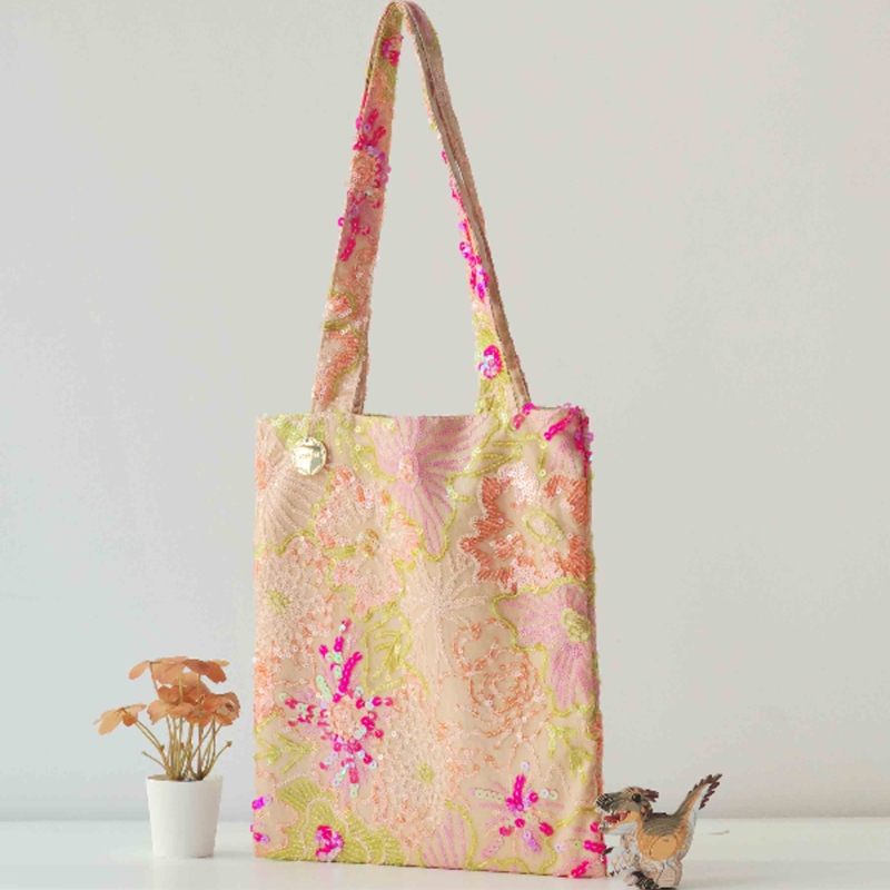 Tree Testingtree Flower Embroider Sequin Linen Tote Original Design Shoulder Bag Hand Bag