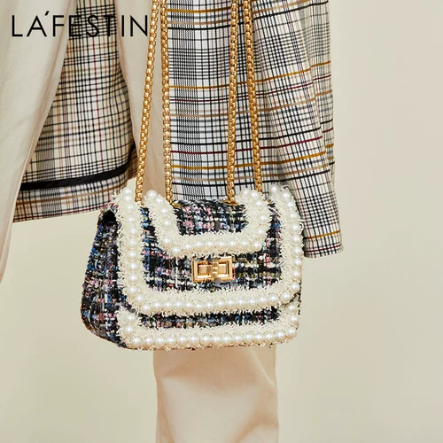 Цепь из жемчуга, небольшая сумка, шерстяное пальто, сумка на одно плечо, 2019, в стиле Шанель