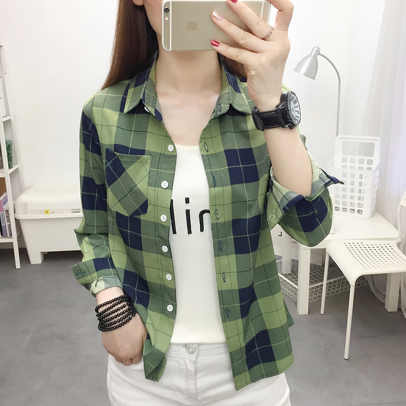 Spring and Autumn Hong Kong Style Plaid Shirt for Women, New Loose Long-Sleeved Korean Style Preppy Slimming Student Top Jacket