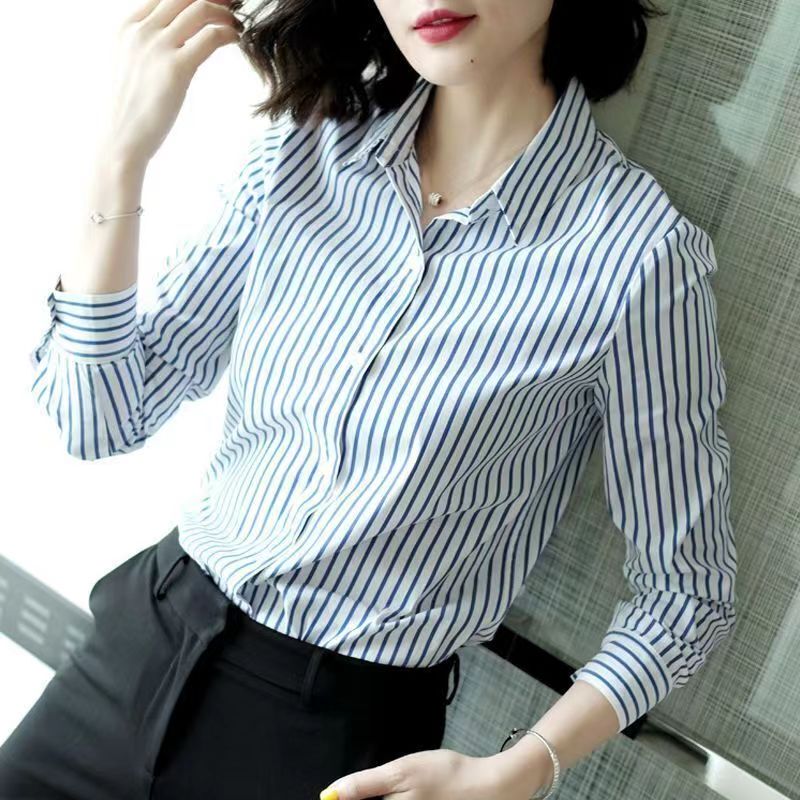 Blue and White Striped 2026 New Women's Long-Sleeve Shirt for Spring and Autumn, Versatile, Professional, Loose, Fashionable Blouse Top Trend Blue and White Striped 2026 New Women's Long-Sleeve Shirt for Spring and Autumn, Versatile, Professional, Loose, Fashionable Blouse Top Trend