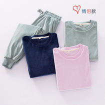Flannel couple pajamas womens autumn and winter thick pullover head beam feet can be worn outside sports island velvet home clothes suit men