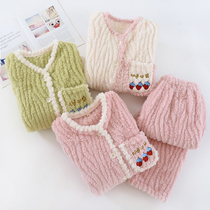 Han edition flannel home suit female winter V-collar plus thickness fresh and cute coral velvet pajamas wear outside