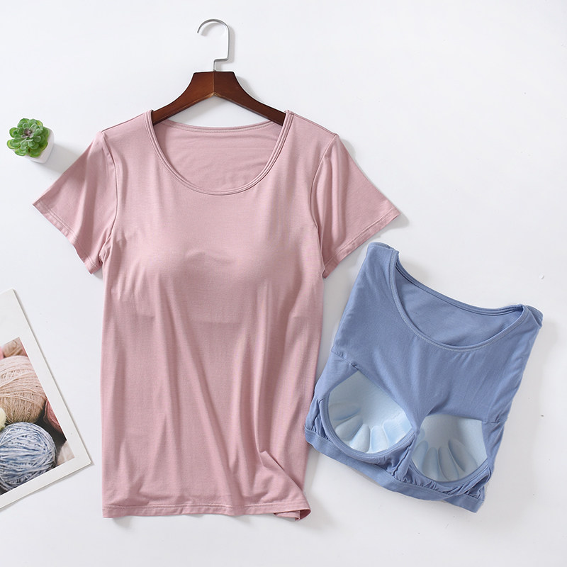 21 new Modale T-shirt female summer short sleeves with chest cushion thin and home upper pyjamas bra-free movement of the undershirt