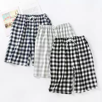 Japanese plaid pajama pants men's summer cotton shorts thin loose wear cotton five-point home pants casual shorts