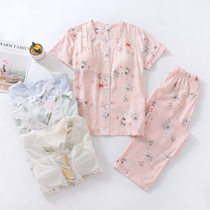 Pajamas with chest pad pajamas women Summer cotton short sleeve trousers set faux cotton cardigan thin loose fresh home clothes