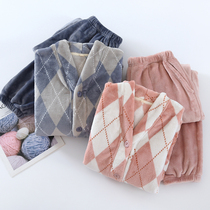 Couple Franmer Dingjiao Nightgown Winter Heat Warm V-collar Leisure Sweater Coral Velvet Home Clothes Men