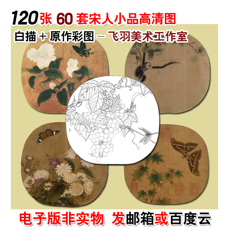 Song people's sketches of famous flower and bird paintings white sketches with original color pictures copying drafts clear big pictures 60 sets of 120 pieces