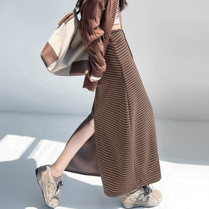 Coffee-Colored Striped Straight-Leg Skirt for Women, Autumn High-Waisted Slimming Drawstring Slit Long Skirt with Drape Effect, Casual Sports Sweat Skirt