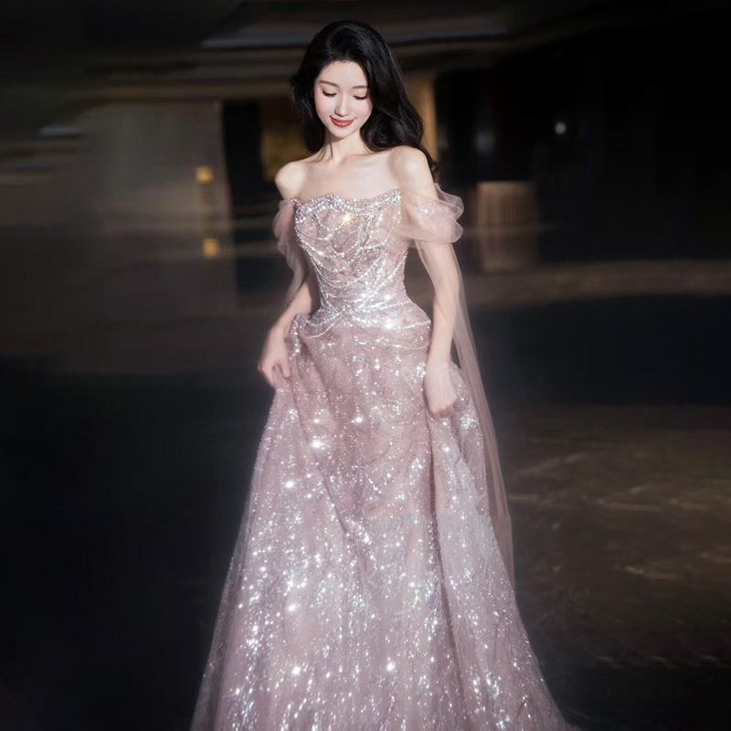 Pink Dress with a High-End Feel, One-Shoulder Sequin Bridal Engagement Wedding Toast Dress, Host Adult Ceremony Banquet Dress
