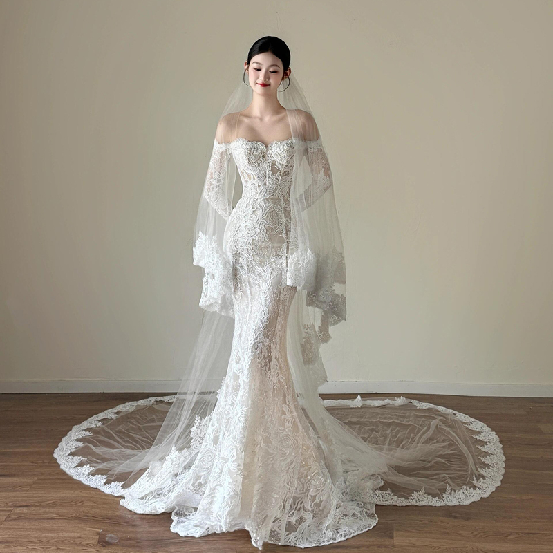 Lace Fishtail Light Wedding Dress, One-Shoulder High-End Bridal Wedding Reception Dress, Long-Sleeved French Retro Wedding Dress