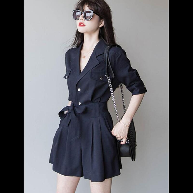 Summer New Korean Style Jumpsuit for Women, Elegant Waist-Cinching Workwear Short-Sleeve Suit with Suit Collar and Jumpsuit Shorts Set Summer New Korean Style Jumpsuit for Women, Elegant Waist-Cinching Workwear Short-Sleeve Suit with Suit Collar and Jumpsuit Shorts Set