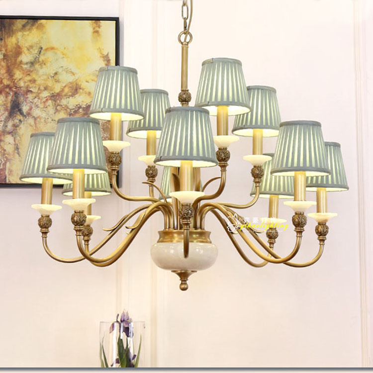 Full copper jade pendant lamp cozy green cloth cover Living room lighting American bedroom light Dining Room Light Lavish Pure Copper Chandelier