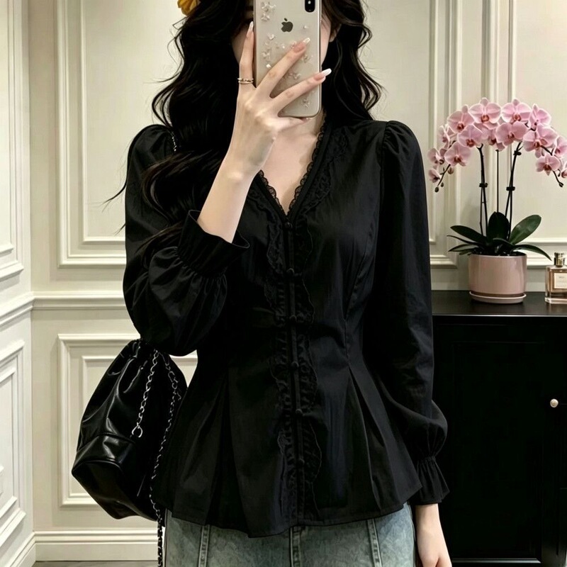 Korean-Style Sweet Lace Patchwork V-Neck Long-Sleeve Shirt, New Spring and Autumn Waist-Cinching, Age-Reducing, Fashionable Plus-Size Thin Top Korean-Style Sweet Lace Patchwork V-Neck Long-Sleeve Shirt, New Spring and Autumn Waist-Cinching, Age-Reducing, Fashionable Plus-Size Thin Top