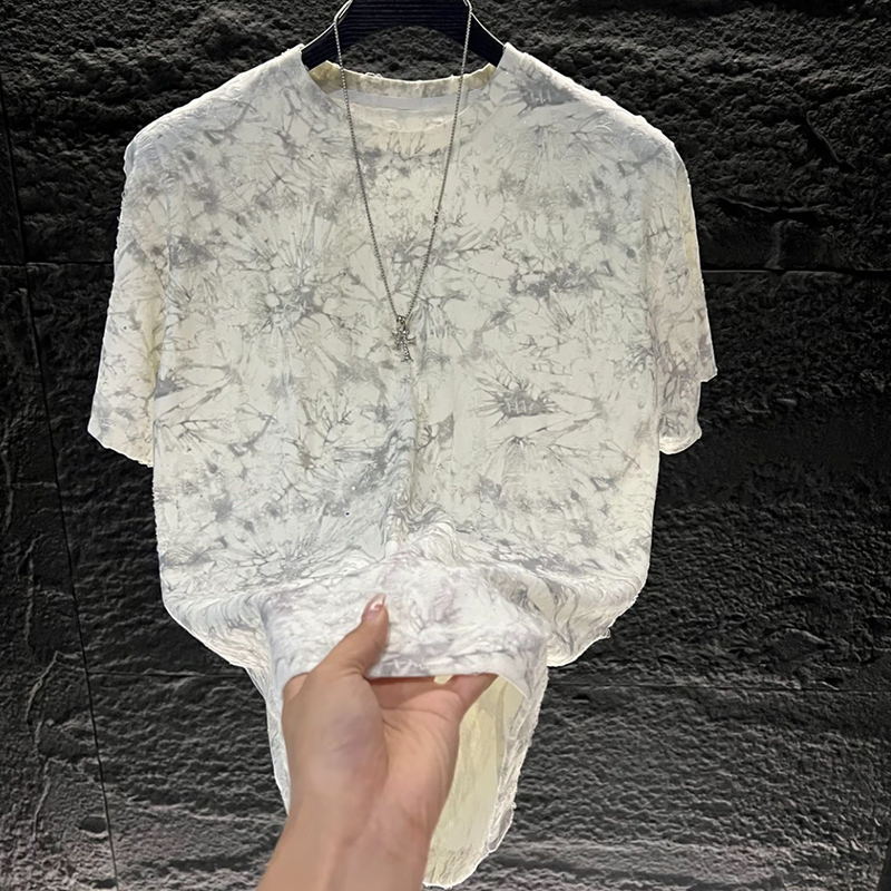 Summer New Tie-Dye Printed Short-Sleeved T-Shirt for Men, Round Neck, Loose, Casual, Fashionable, Versatile, Trendy, Ripped Top for Men