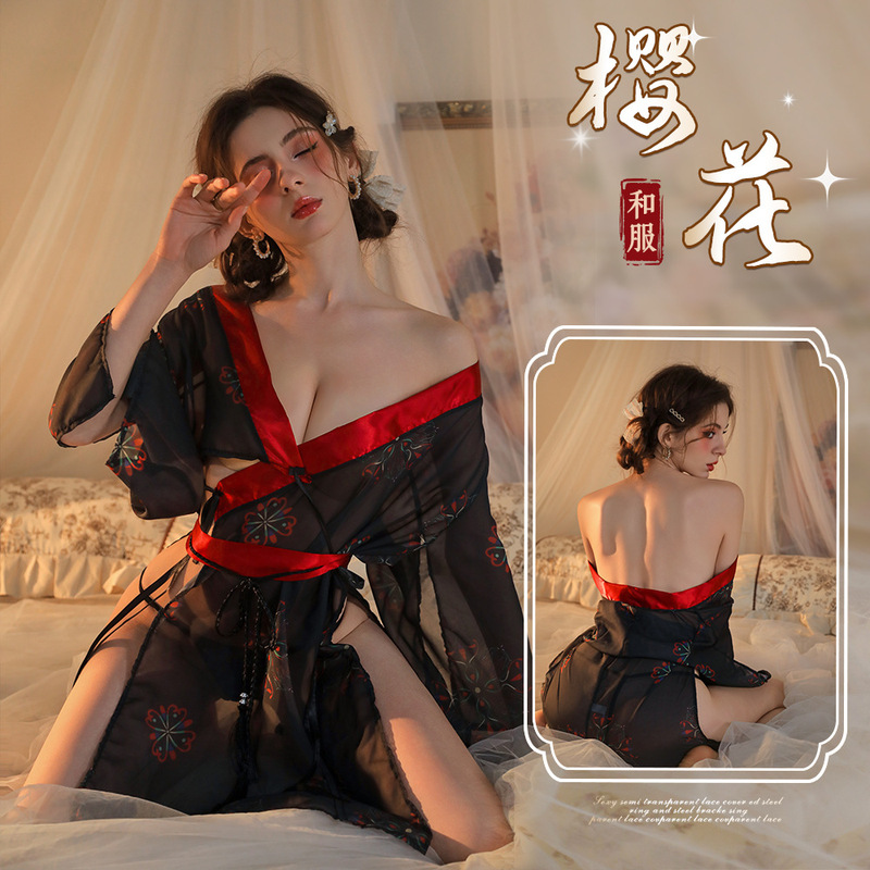 Sexy Lingerie Uniform Pure Desire No-Take-Off Pajamas Printed Black Japanese Kimono Clothing Set Qqny Bellyband