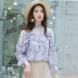 Mùa thu 2019 mới sen lá ren gạc khâu áo sơ mi hoa voan siêu cổ dài tay áo chạm đáy - Áo sơ mi chiffon ren