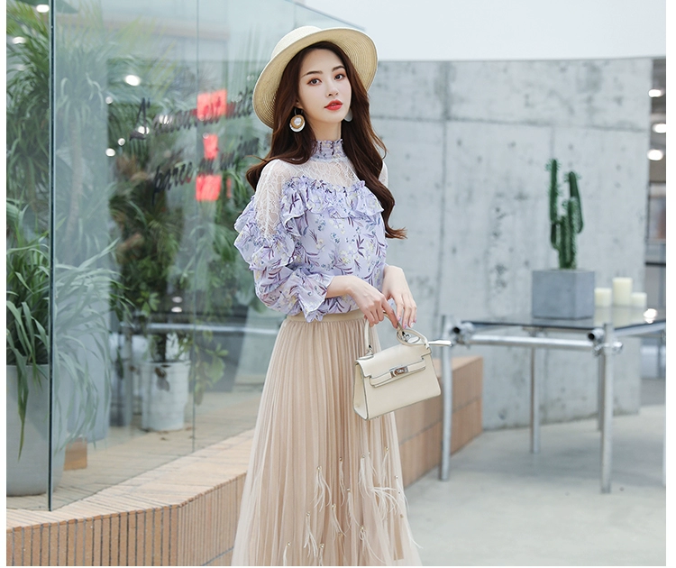 Mùa thu 2019 mới sen lá ren gạc khâu áo sơ mi hoa voan siêu cổ dài tay áo chạm đáy - Áo sơ mi chiffon ren