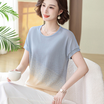 2024 Ocean Gas Middle Aged Womens Clothing Ice Silk Undershirt Summer Clothing Short Sleeve T-shirt Mom Loose Knit Thin Blouse