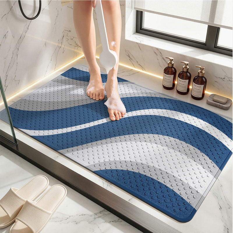 Striped Simple High-End Bathroom Non-Slip Anti-Fall Mat, Blue and White Color-Blocking Pvc Foot Mat for Bathroom Use