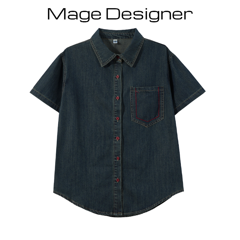 Hong Kong Style Exposed Seam Decorative Denim Shirt for Women, Summer Vintage High-End Elegant Casual Versatile Slimming Top Shirt