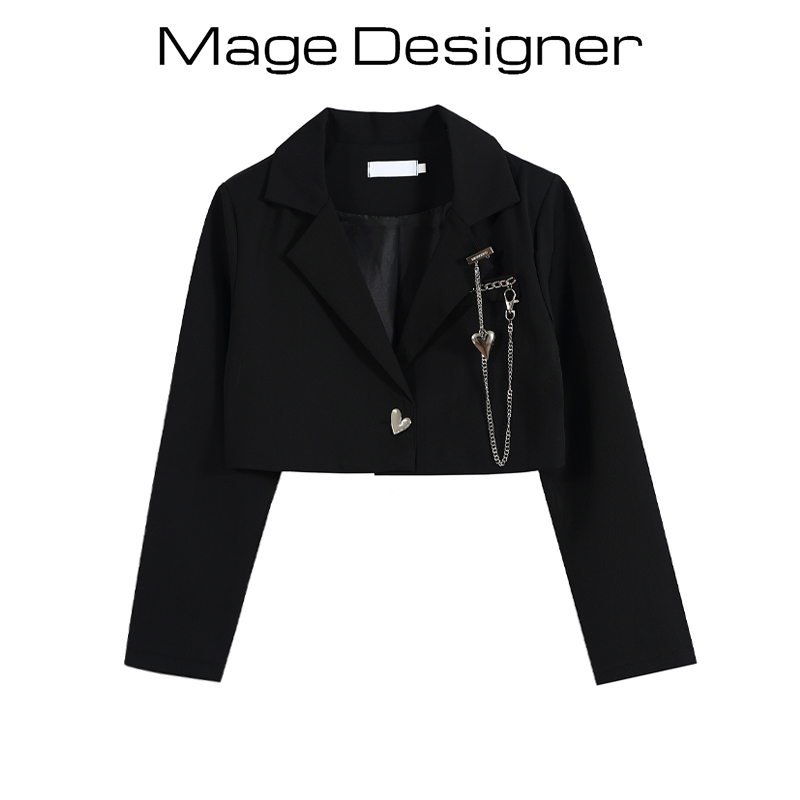 2026 Spring New Style Unique Waist-Exposing Lapel Blazer for Women, Versatile with Pin Pendant, Slimming Navel-Exposing Long-Sleeve Short Jacket