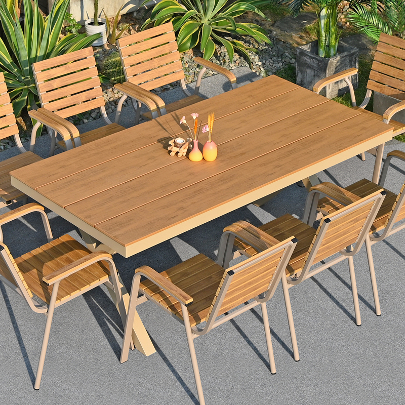 Plastic Wood Tables and Chairs for Outdoor Courtyard, Open-Air Terrace, Waterproof and Sun-Proof Aluminum Alloy Outdoor Dining Table and Chairs Leisure Set