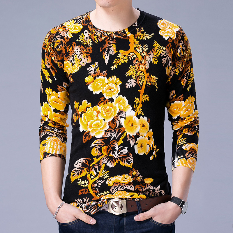 Fashionable Men's Thin Knit Sweater with Creative and Unique Large Yellow Flower Pattern Print, Casual Loose Top