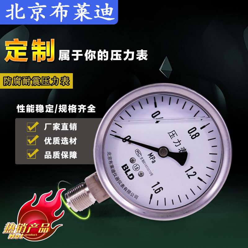 Beijing Brady stainless steel resistant YTHN100 oil pressure hydraulic vacuum anti-corrosive high precision pressure meter spot