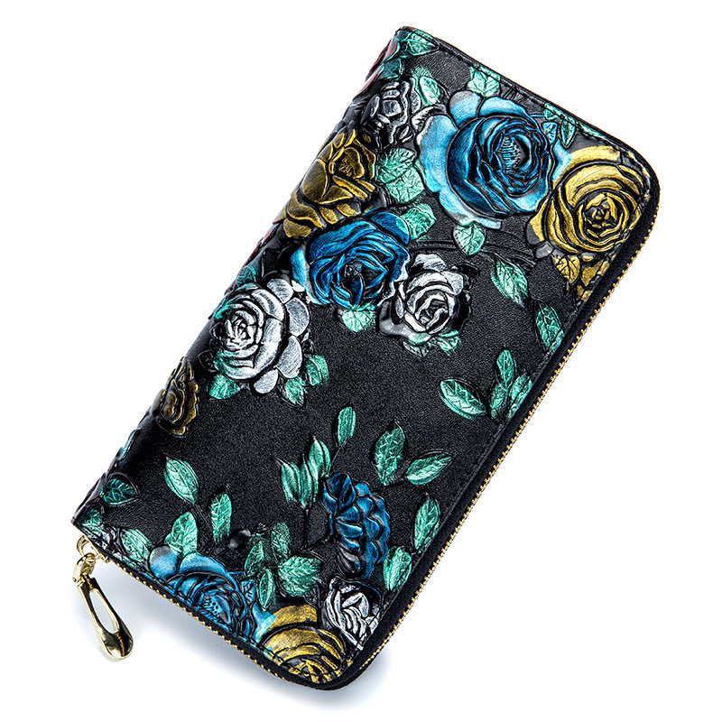 Double Pull Chain Large Capacity Wallet Lady Long Version Genuine Leather Multi-Position Rose Flower Money Clip Long Version Atmospheric Delicacy and Europe