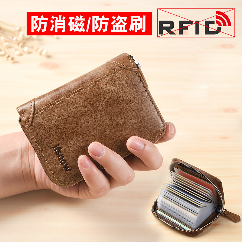 Retro Head Layer Bull Skin 30 Screens Male Large Capacity Multi-Position Real Pickup Truck Laced Card Holder RFID Anti-theft Brush