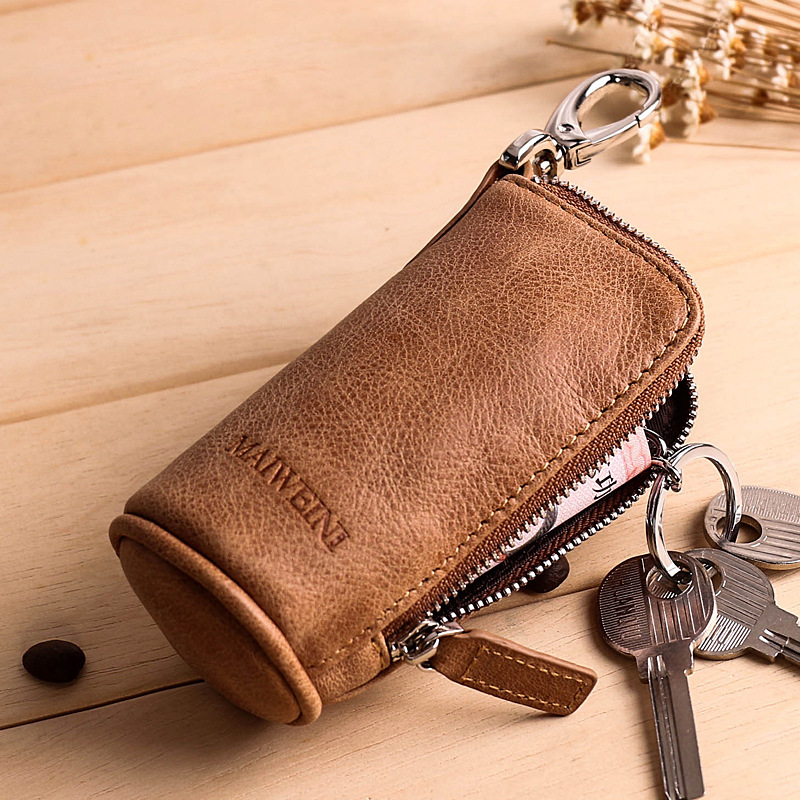 Male Key Bag Genuine Leather Laced Head Layer Cow Leather Retro Simple Key Bag Waist Hang Zero Wallet Large Capacity Multifunction