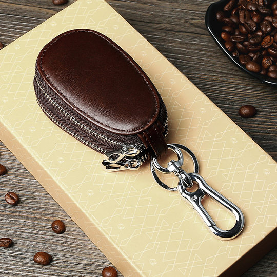 Retro Oil Wax Leather Car Key Bag, Genuine Leather Double Zipper, Multi-Functional Car Key Bag, Universal for Men, Multi-Functional All-In-One