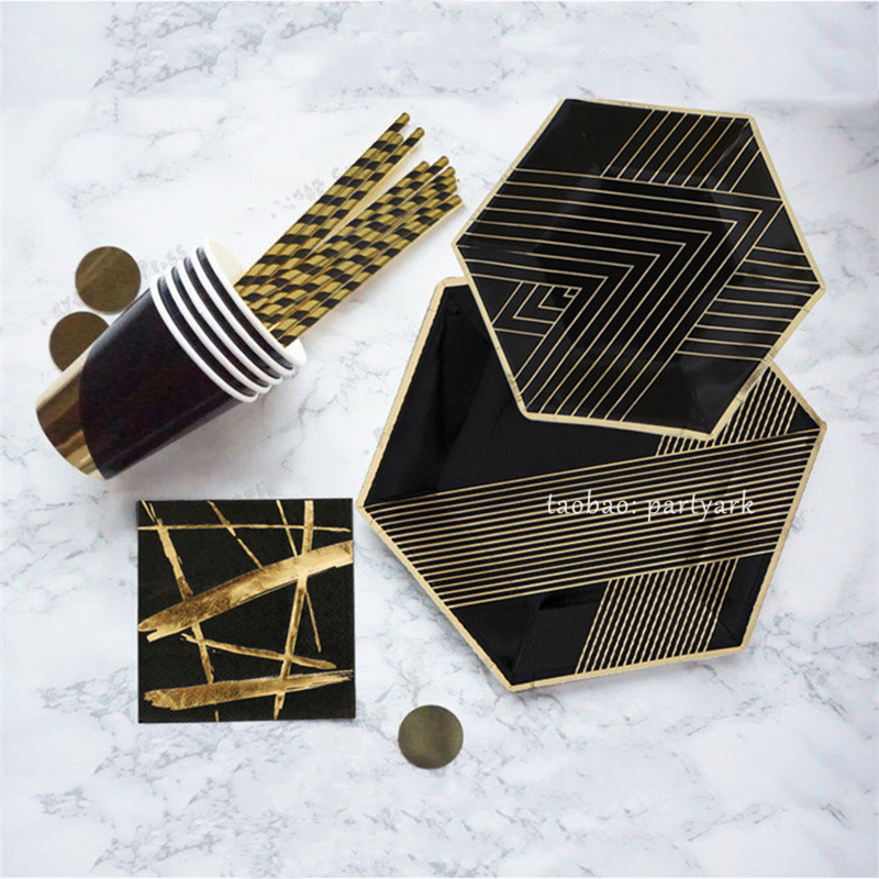 Disposable Gold Foil Black Paper Plate Birthday Party Black and Gold Marble Pattern Coral Pink Paper Plate Paper Cup Tableware Set