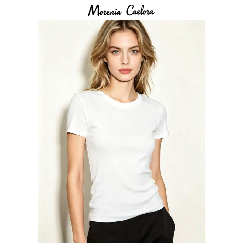 Morenia Caelora Simple Round-Neck White Short-Sleeve T-Shirt for Women, Pure Cotton, Slim Fit, High-End Feel, Base Layer Top