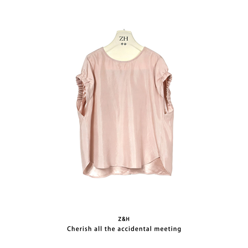 Zh【Half-Sweet Sunset】Loose and Slimming Short-Sleeved Shirt for Women, Lightweight and Drapey, Solid Color Round Neck Cardigan, Versatile and Stylish Zh【Half-Sweet Sunset】Loose and Slimming Short-Sleeved Shirt for Women, Lightweight and Drapey, Solid Color Round Neck Cardigan, Versatile and Stylish