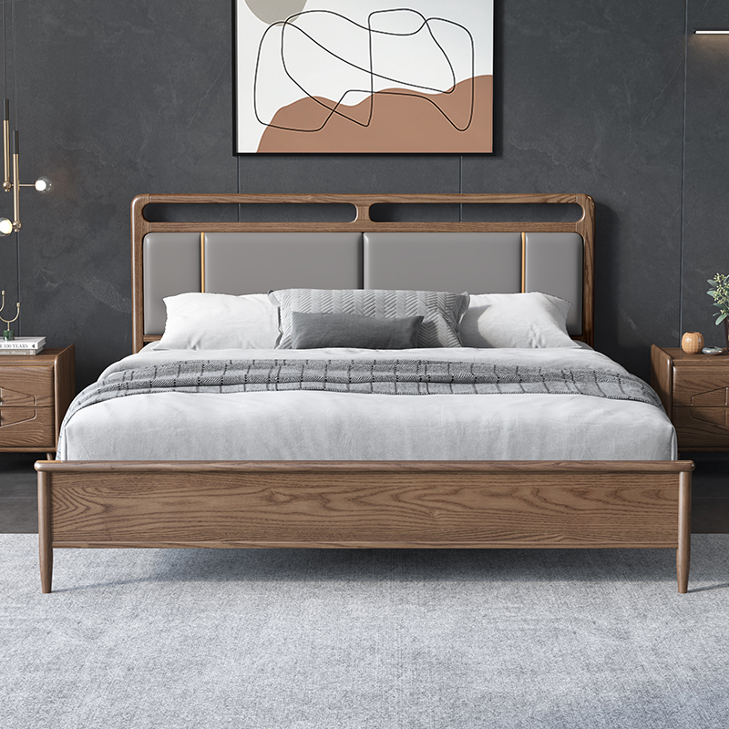 All solid wood bed modern minimalist 18 meters soft package wedding bed ash wood walnut color double bed Nordic master bedroom furniture