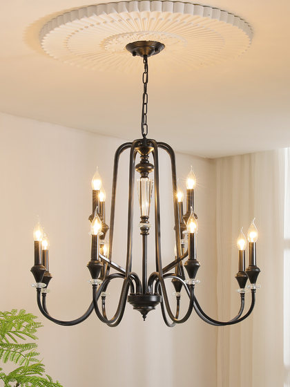 French-Style Crystal Living Room Chandelier, Black High-End Bedroom and Dressing Room Light, American Retro Dining Room Bar Counter Lighting