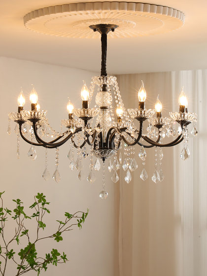 French Retro Crystal Living Room Chandelier, Dining Room Candle Chandelier, European-Style Villa Luxury, Personalized Creative Black Bedroom Lighting Fixtures