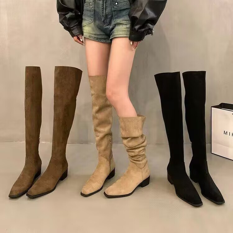 Chunky Heel Over-The-Knee Boots, Slim Long Knight Boots, Women's Shoes, 2026 Spring New Suede Khaki Slouch Boots, Long Boots