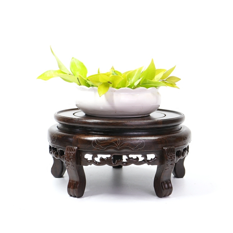 Black sandalwood solid wood round bonsai base vase stone hem porcelain fish tank painted cylinder porcelain vase wooden seat To-Taobao