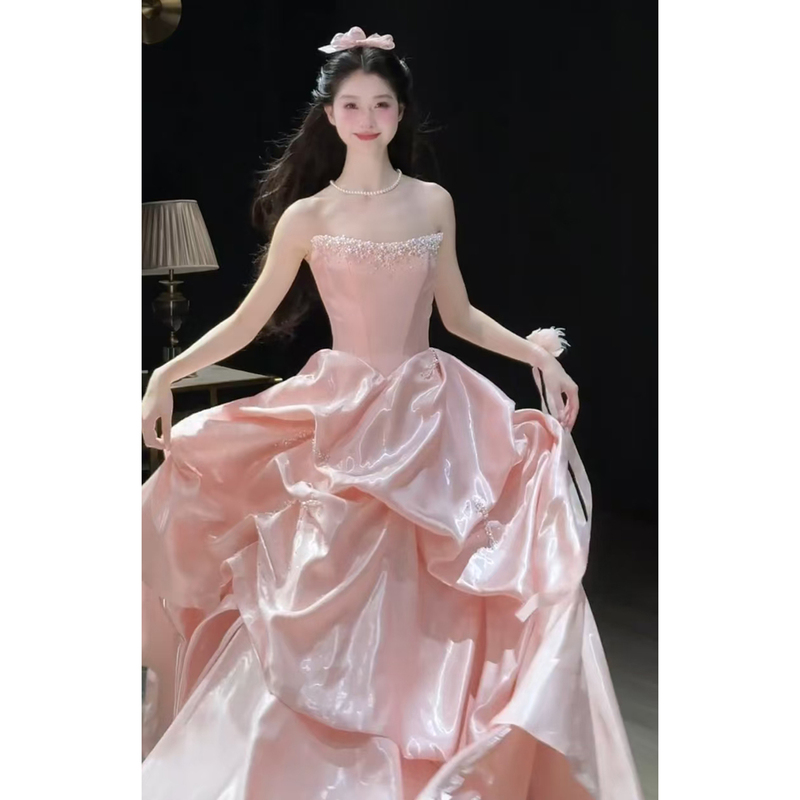 Strapless Evening Dress, Coming-Of-Age Ceremony Princess Dress, Vocal Arts Exam Host, High-End Heavy-Duty Pink Engagement Toast Dress
