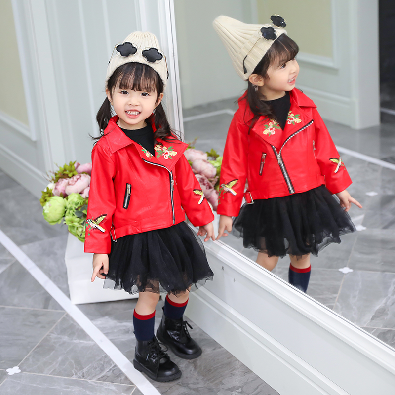 Áo bé gái thêu da cộng với áo khoác nhung 2018 thu đông cho bé mới mặc áo khoác da pu hàn quốc ao quan tre em