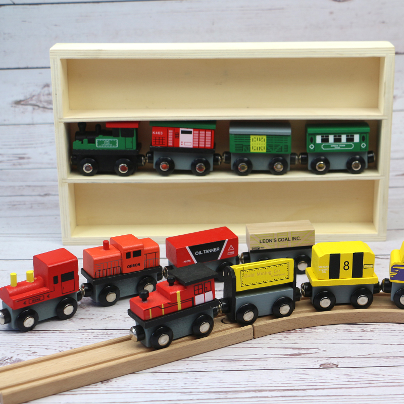 Wooden manual cart wooden train railcar magnetic little train set boys children gift wood toy