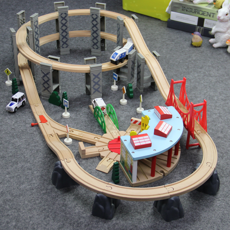 Wooden rail cart trolley small train track set electric head assembly viaduct building blocks children's toys