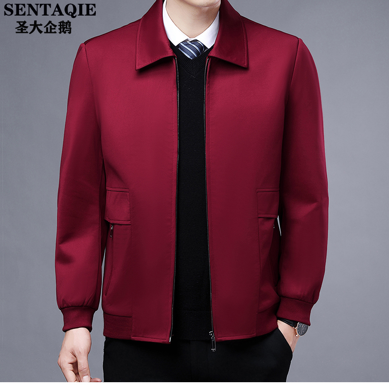 Saint Penguin Middle-Aged and Elderly Men's Jacket, Spring and Autumn New Style, Lapel Men's Coat, Red Jacket for the Year of Birth