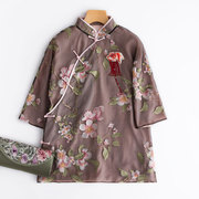 CPP089 kiểu Trung Quốc retro lụa Ogen sợi thêu dọc cổ áo bảy điểm tay áo top áo cổ tích nữ mùa xuân và mùa thu mùa hè