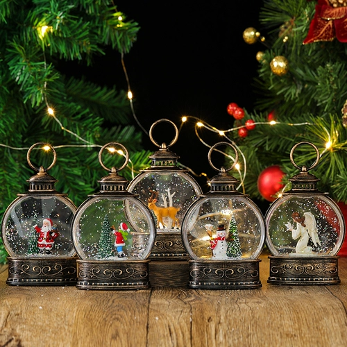 Рождественский светящийся старик, падающий снег, плоский круглый маленький ветровой фонарь, настольные оконные украшения, святой снеговик, ночной свет, украшение